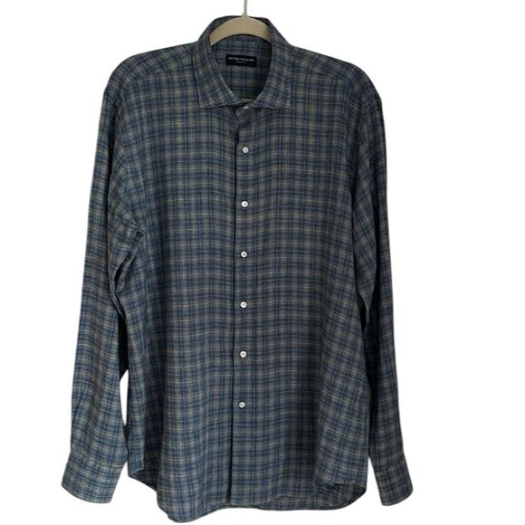 Peter Millar Blue Plaid 100% Linen Button-Up Shirt Mens Long Sleeve Size Large - Picture 1 of 11